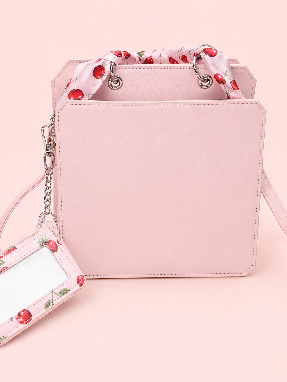 Steve Madden Pink Frost Crossbody Bag with Cherry Scarf and ID Holder - Picture 2 of 6